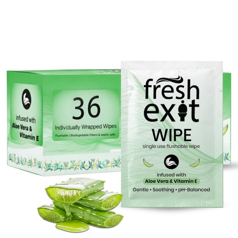 FreshExit Flushable Wipes for Adults â€“ 36 Individually Wrapped Biodegradable Wet Wipes, Travel Size, Extra-Large Unscented, hypoallergenic â€“ Feminine Hygiene & Personal Care Wipes - Image 1